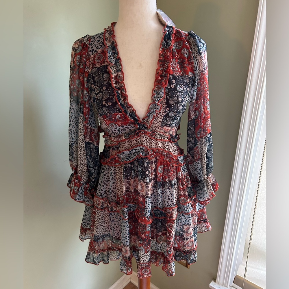 NWT Olivaceous Patchwork Open Back Minidress Small. Gauzy w/ruffles. Super Cute!